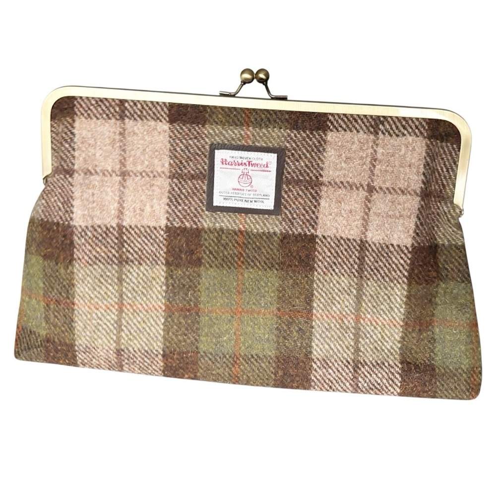 Harris Tweed green and brown check large kisslock clutch bag by  kimberleymac - Picture 13 of 14